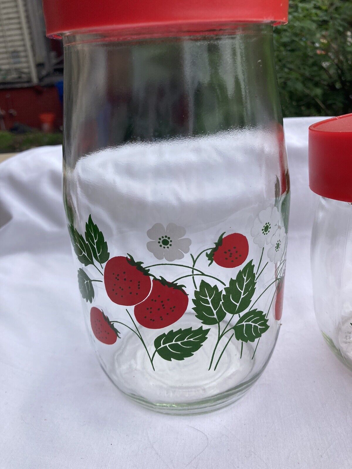 Glass Strawberry Carlton Canisters w/Red Lids Vintage Twist Open 1.50L & 3/4L