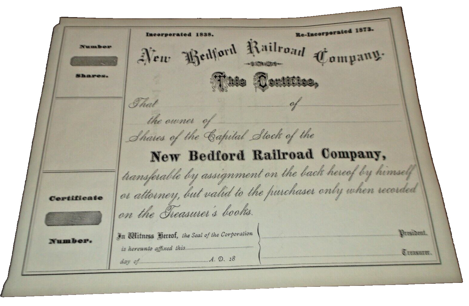 1873 NEW BEDFORD RAILROAD CAPITAL UNUSED STOCK CERTIFICATE NEW HAVEN PREDECESSOR