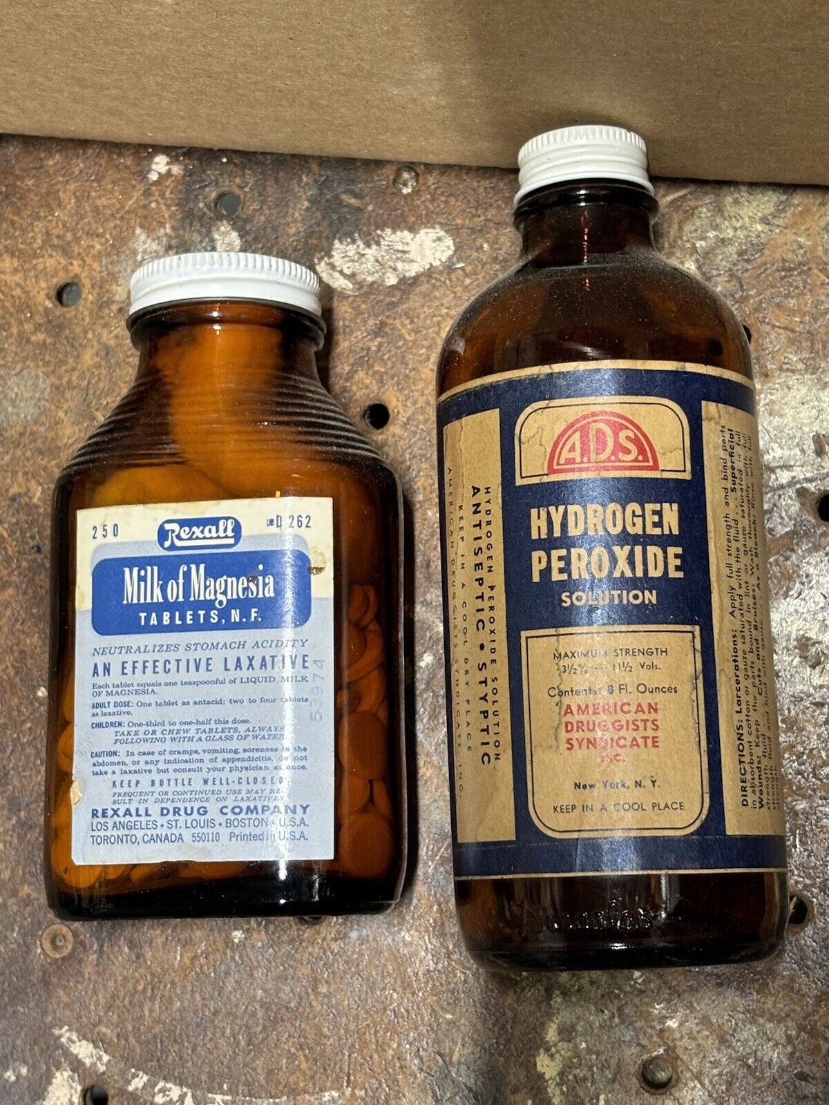 Lot of 2 Vintage Drug Bottles Brown Glass Advertising Labels Hydrogen Rexall