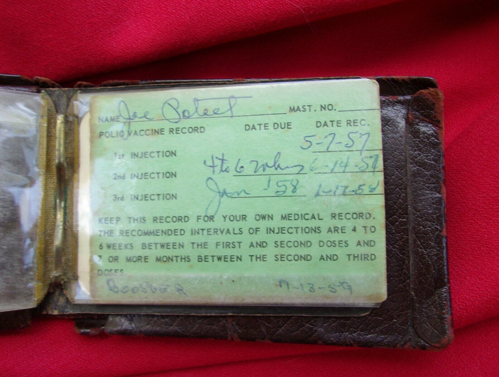 VINTAGE Polio Vaccine Personal Medical Record Card 1957-1958