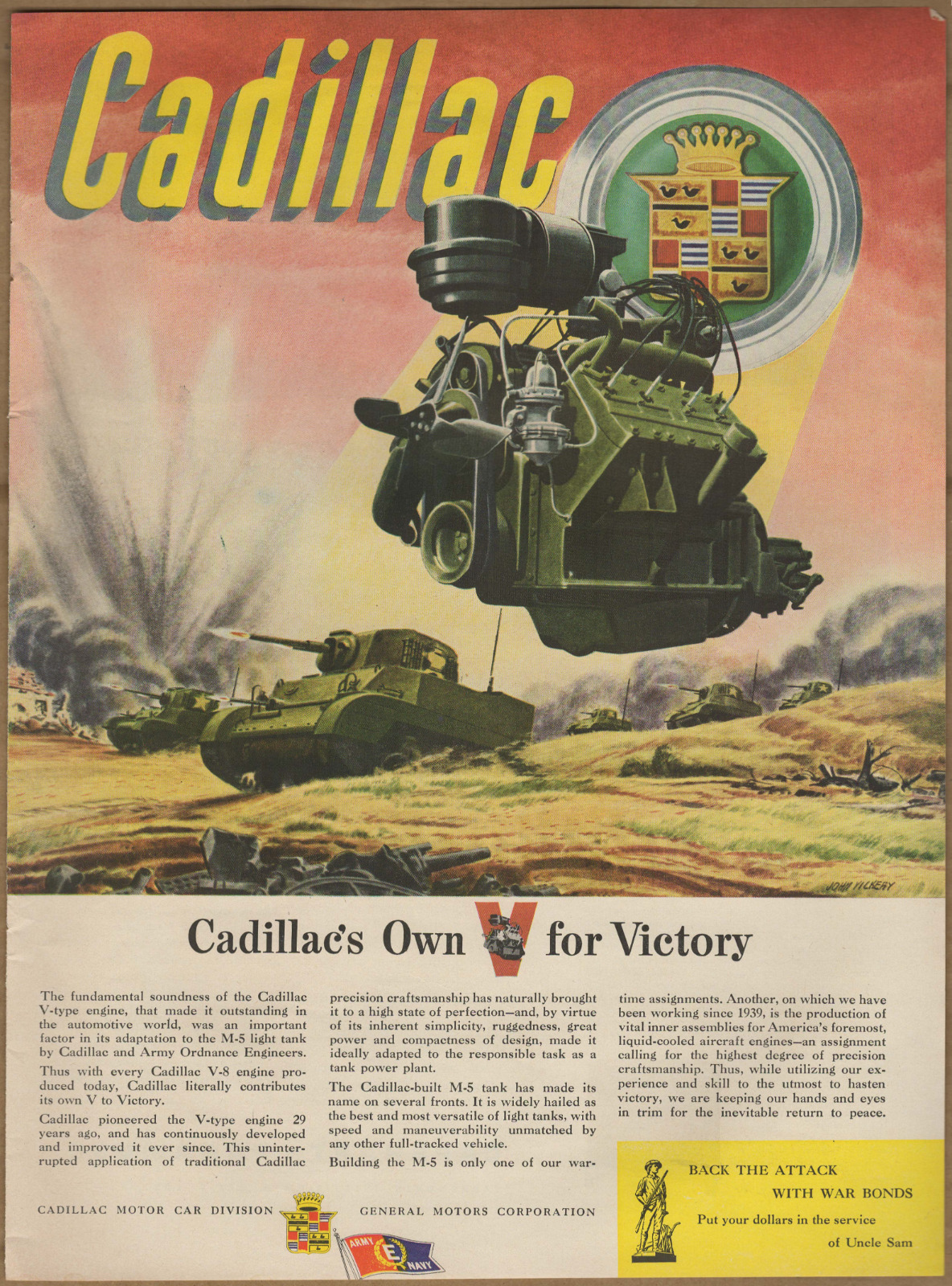 1943 Cadillac M-5 Tank WWII Vintage Print Ad War Art V-Type Engine War Bonds
