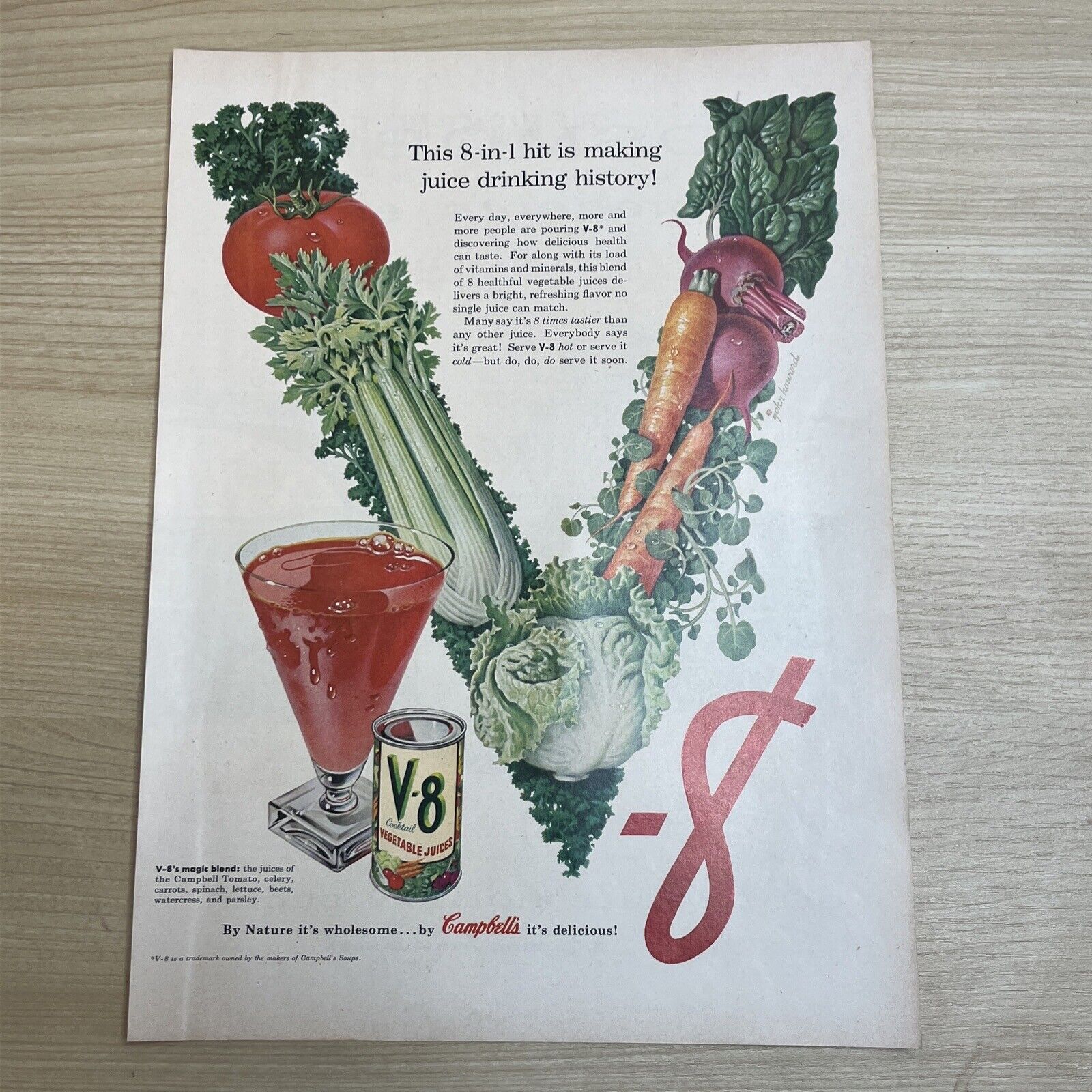 V8 Vegetable Juice Cocktail Camplell\'s 1955 Vintage Print Ad Life Magazine