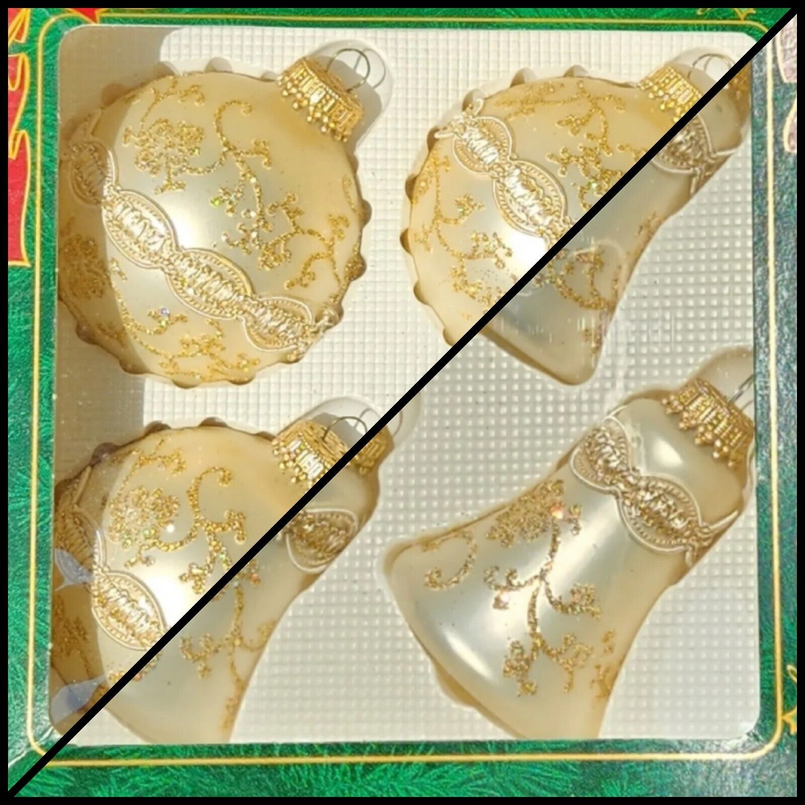 8 Vtg Ivory GOLD KREBS GLASS ORNAMENT  FLORAL GLITTER RIBBON Baubles & Bells