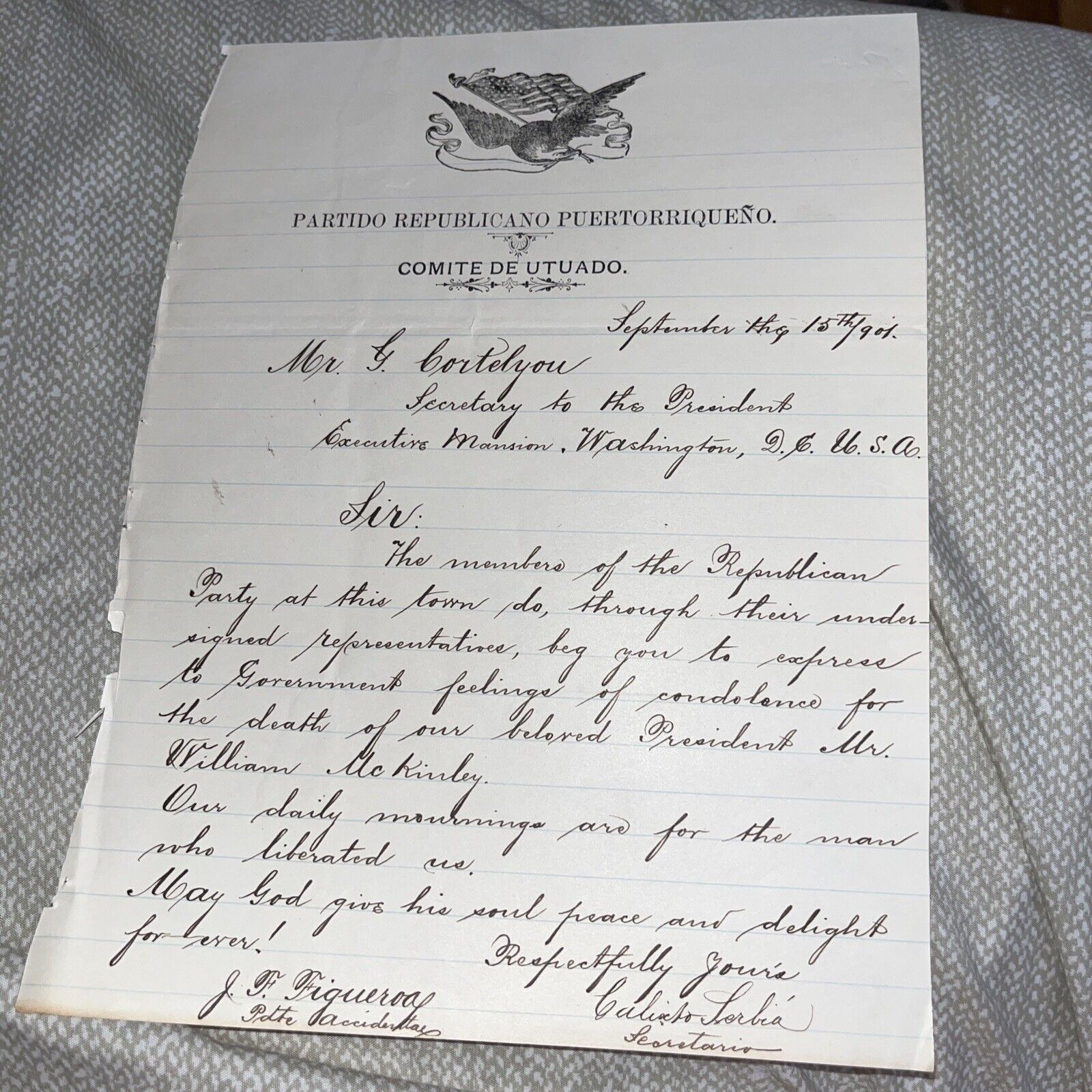 1901 Puerto Rican Republican Party of Utuado Rico McKinley Assassination Letter
