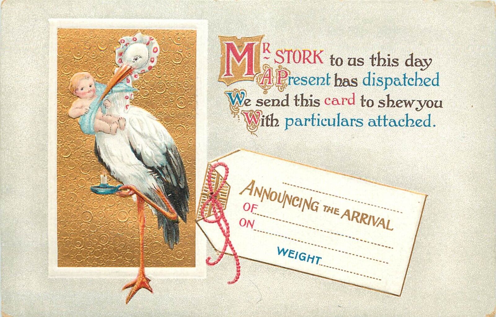 Bamforth Embossed Birth Announcement Postcard E.12 Stork Baby Luggage Tag