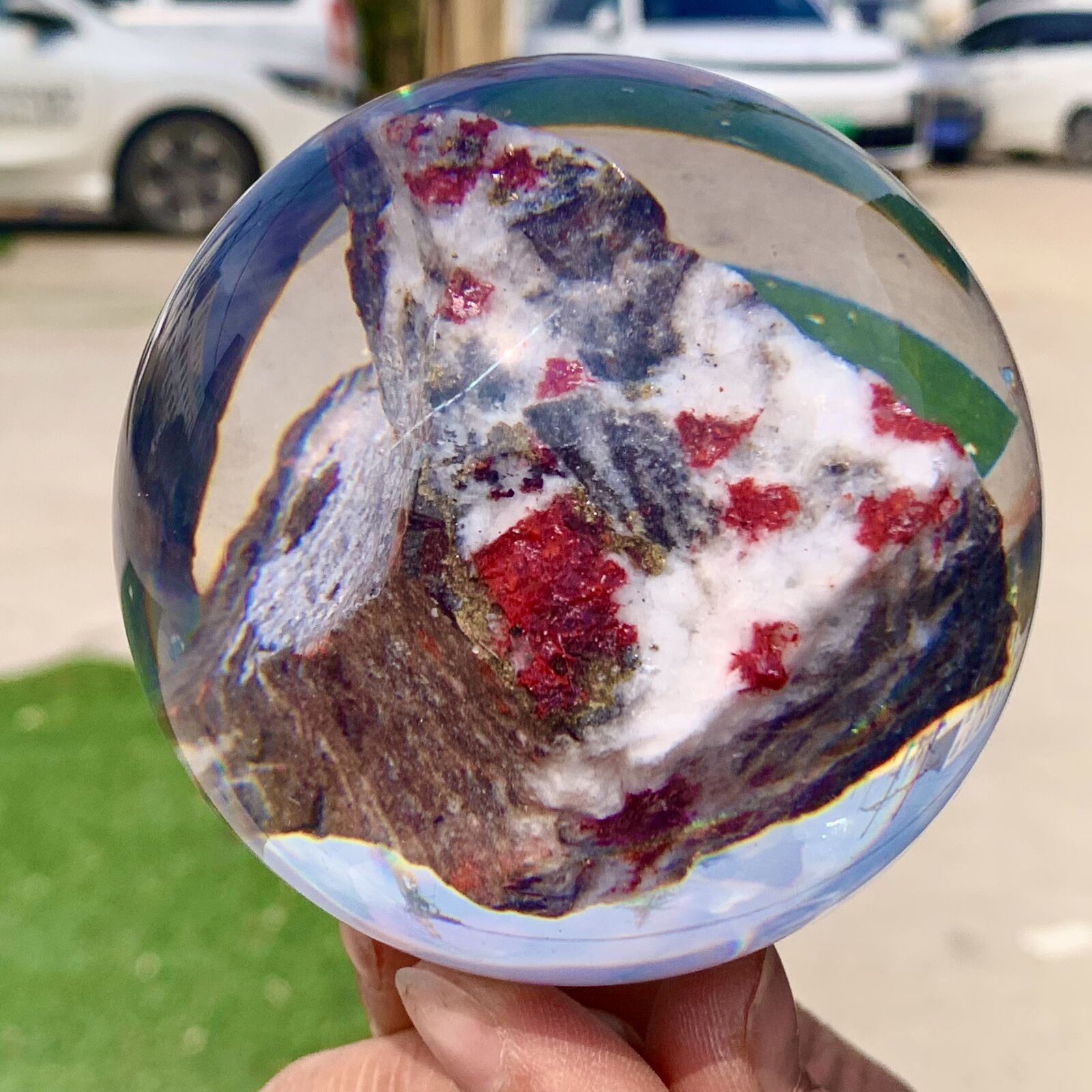 370G Rare beautiful acrylic wrapped cinnabar sphere quartz crystal treatment