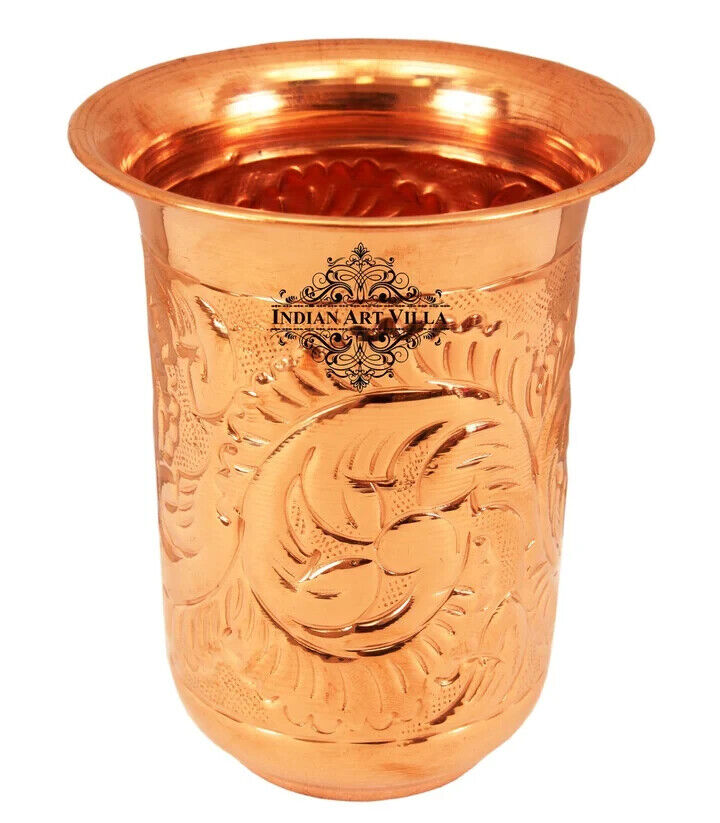 Pure Copper Designer Curved Glass Tumbler Drink-ware, 450 ML Good Health