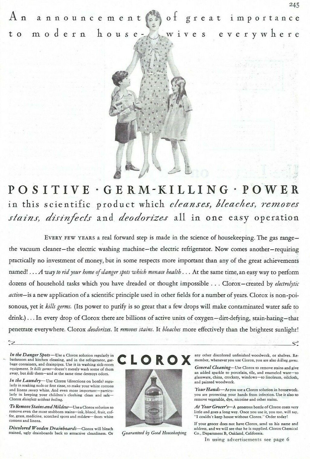 1930 CLOROX Vintage Print Advert      CLOROX has  POSITIVE GERM-KILLING POWER 