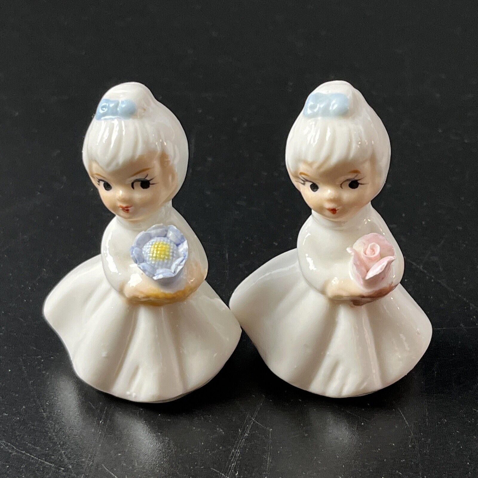 2 Vtg Napco Flower Girl of the Month Figurines Mini Porcelain Japan Rose Violet