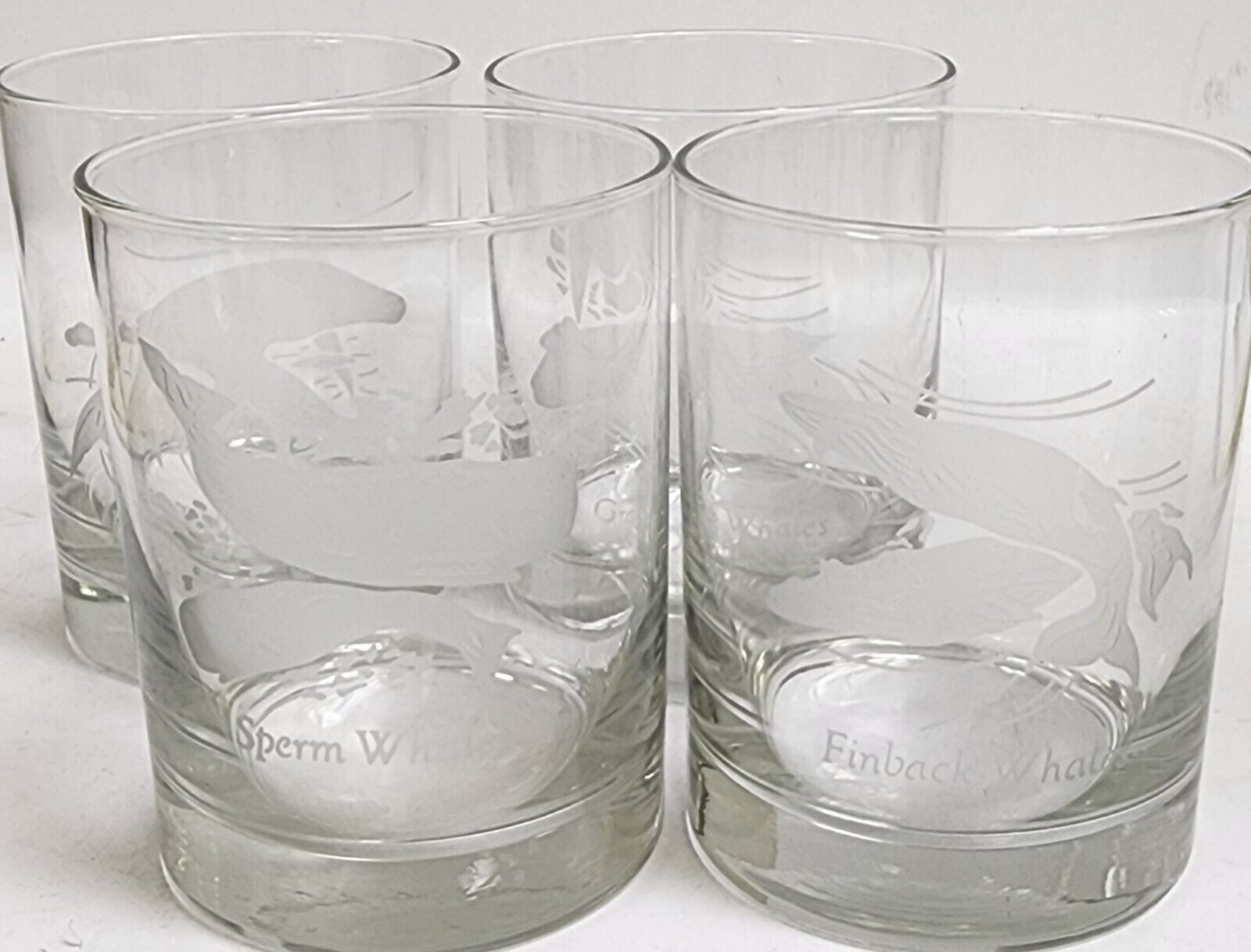 4 Etched Whales Old Fashioned Glass Tumblers Humpback Finback Gray Sperm VTG