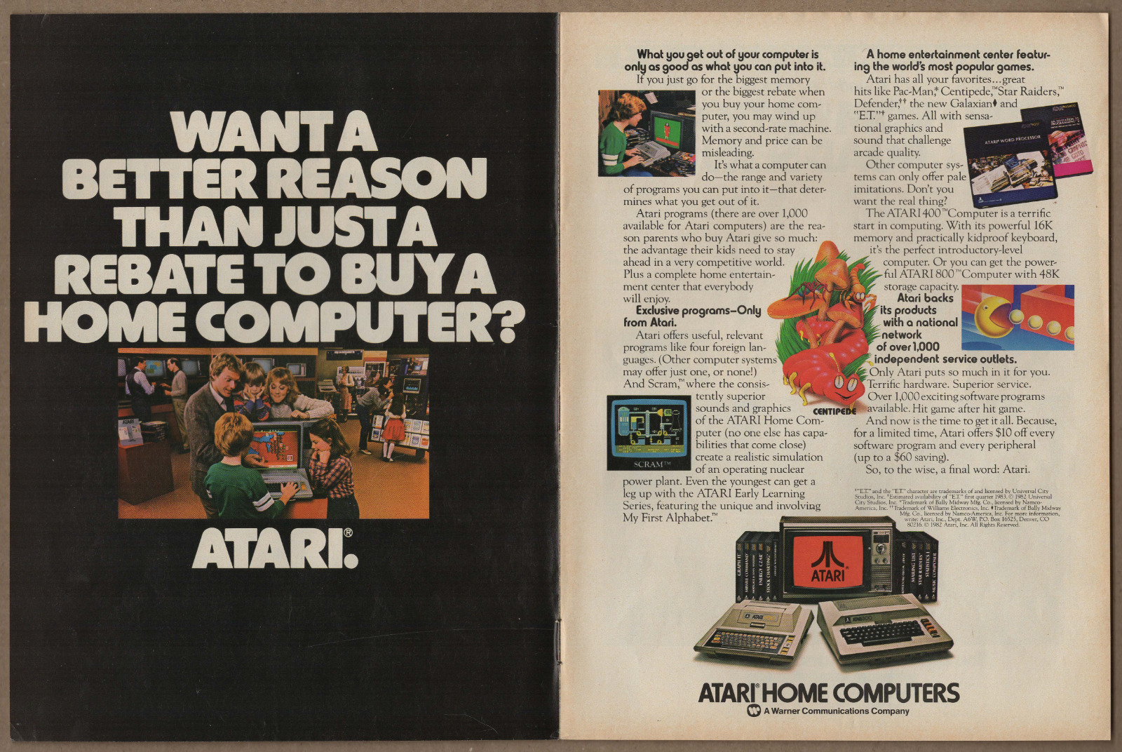 1982 Atari 400 or 800 Computer Vintage Print Ad Pac-Man Centipede Defender Games