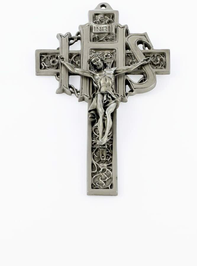 Pewter Filigree IHS Cross Crucifix with Antique Silver Tone Finish Decor, 9 Inch
