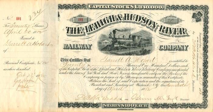 Lehigh and Hudson River Railway Co. Issued to and Signed by Garrett A. Hobart - 