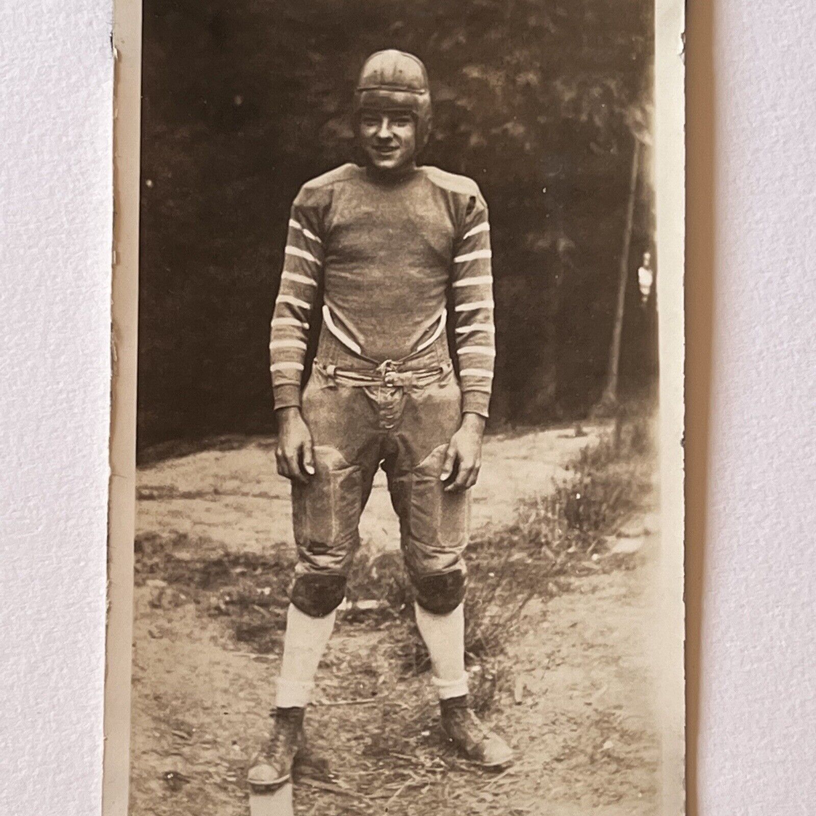 Antique Snapshot Photograph Young Man In Football Player Helmet ID Info On Back