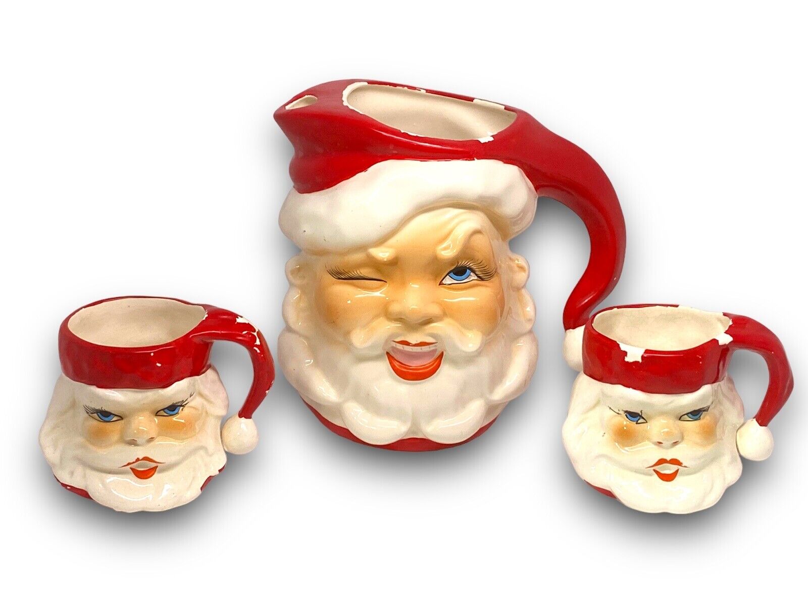 Rare Vintage Winking 😜 (Drinking?) Santa Pitcher & Mugs Napco Ceramics -OFFERS