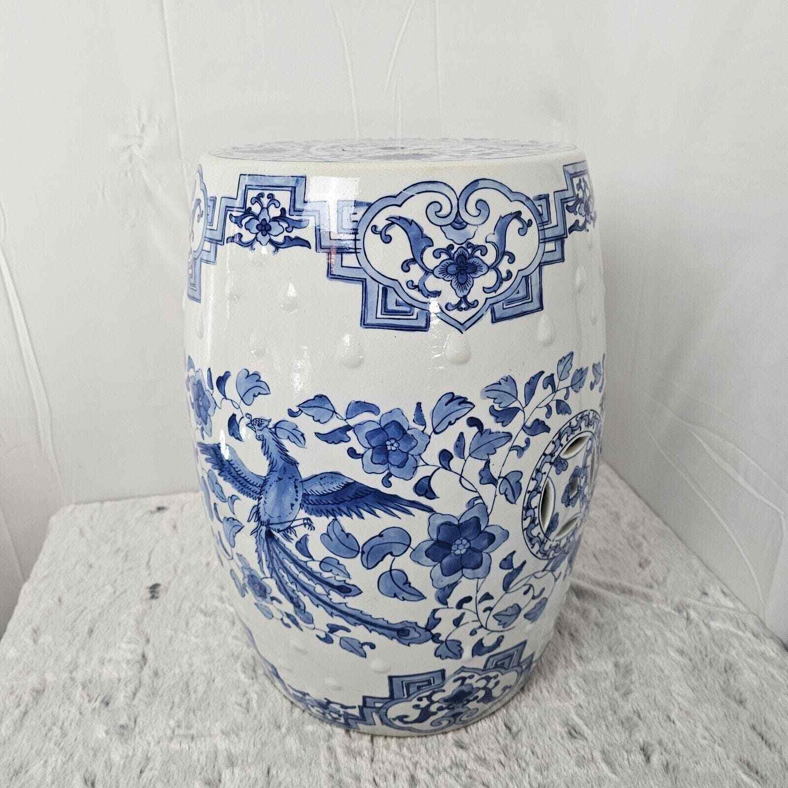 Chinese Chinoiserie Blue And White Ceramic Garden Seat 20th Century 18.5”H x 14”
