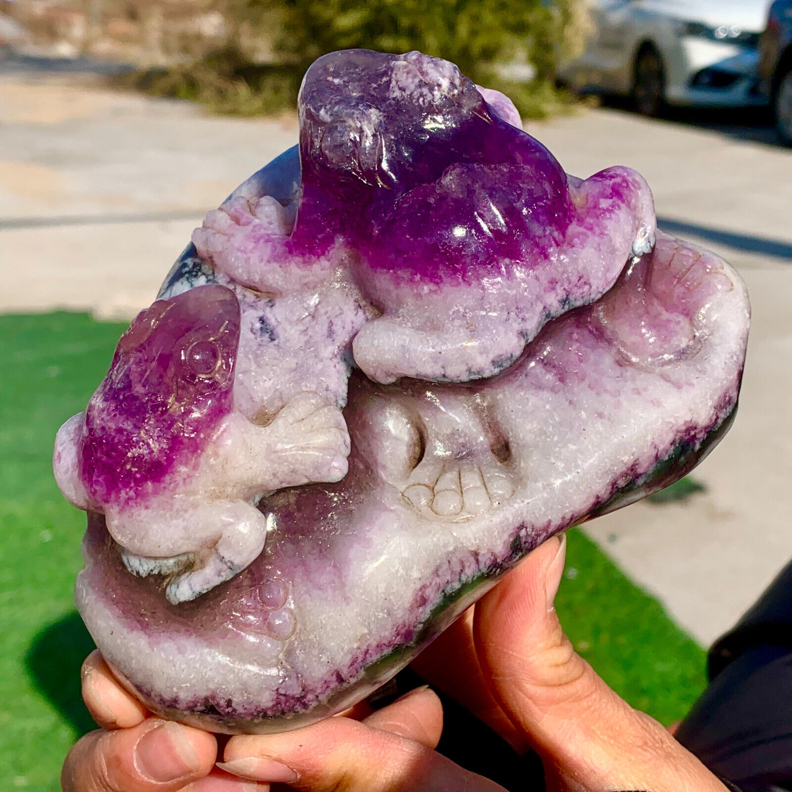 3LB Natural purple green fluorite cube hand carved frog crystal sample