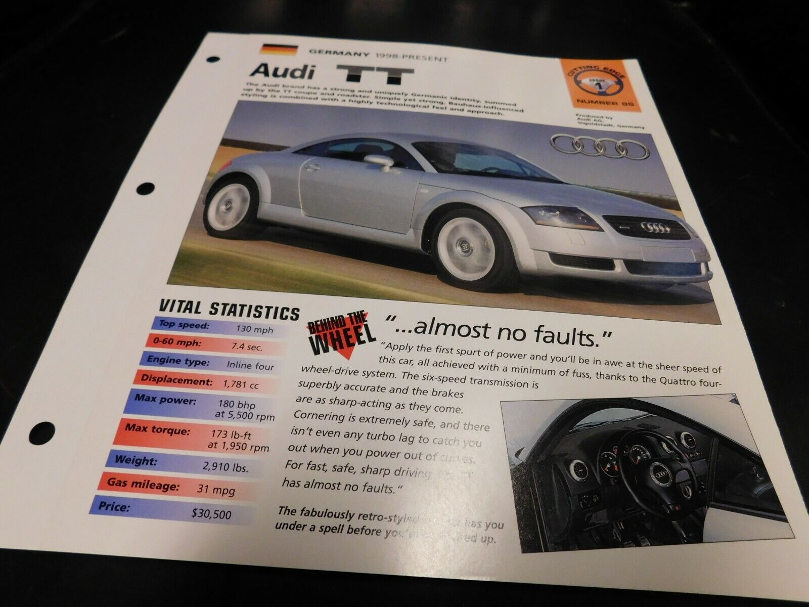 1998+ Audi TT Spec Sheet Brochure Photo Poster 
