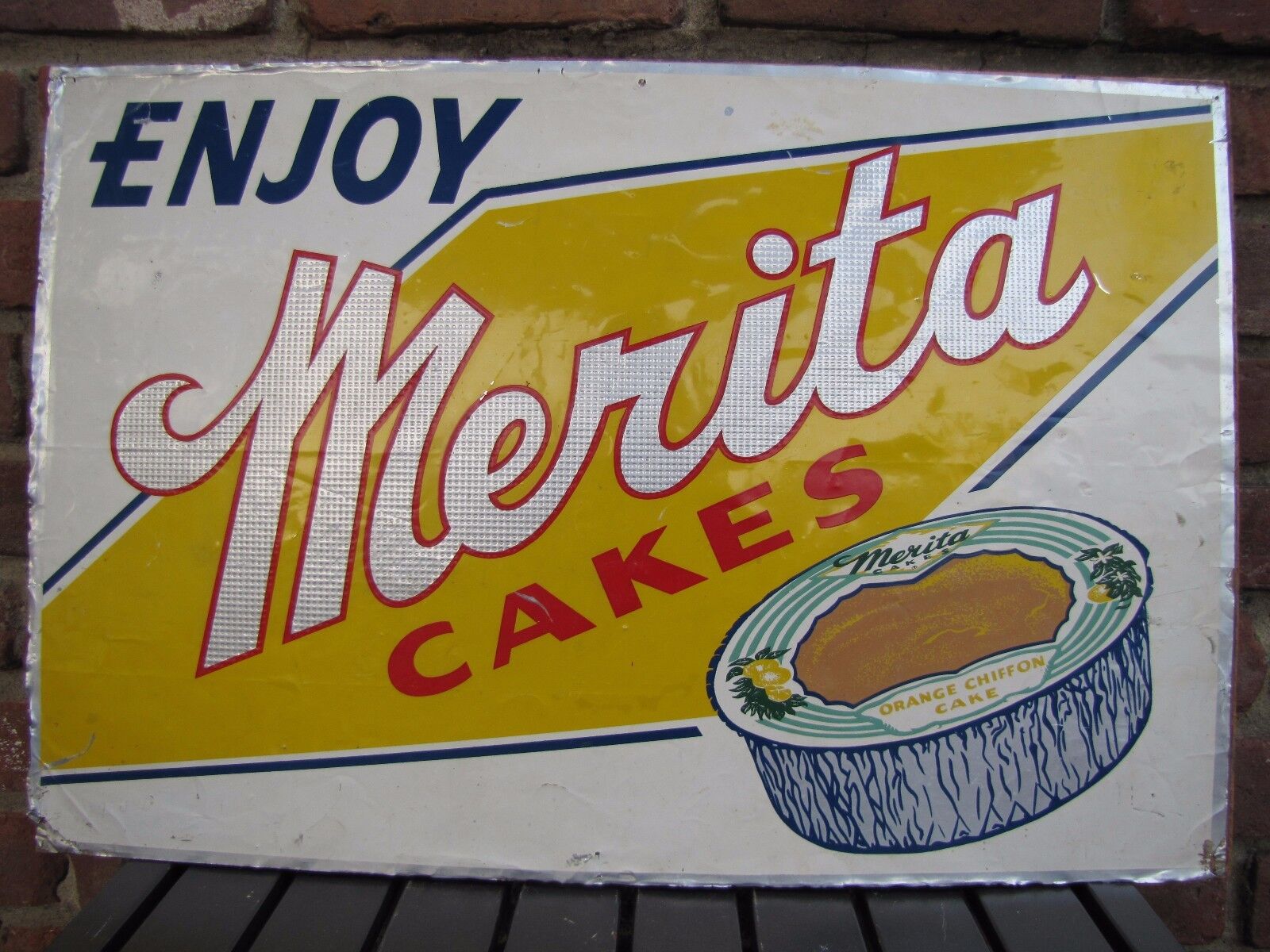 MERITA CAKES Old Advertising Sign ORANGE CHIFFON Grocery Bakery Store Display Ad