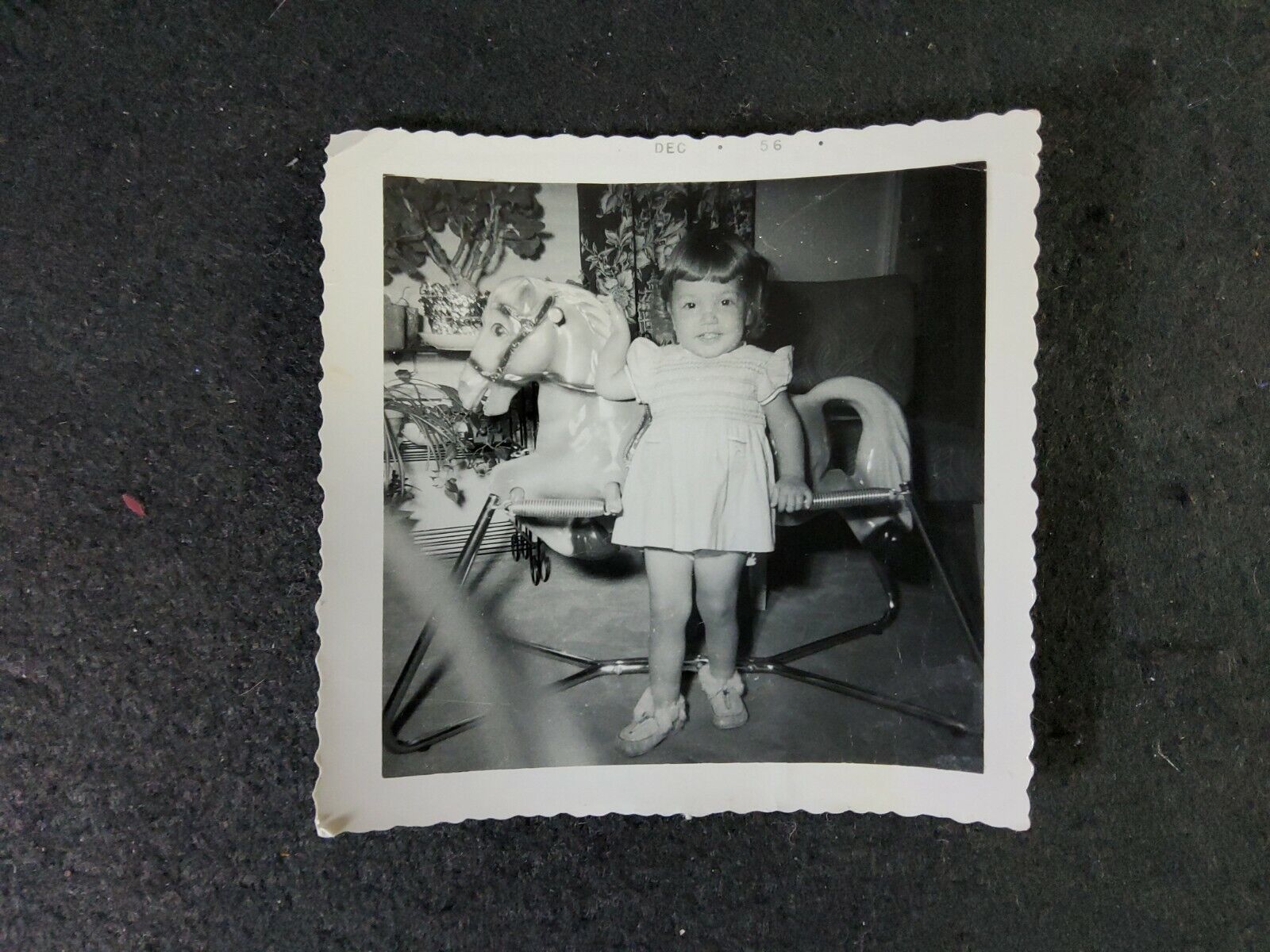 Vintage Press Photo Black & White Little Girl Rocking Horse Dec 1956 3.5\