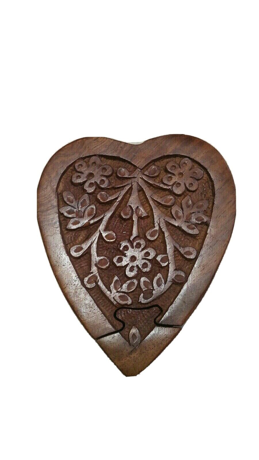 Hand Made Wooden Heart Shaped Puzzle Trinket Box Carved Floral Design Cover