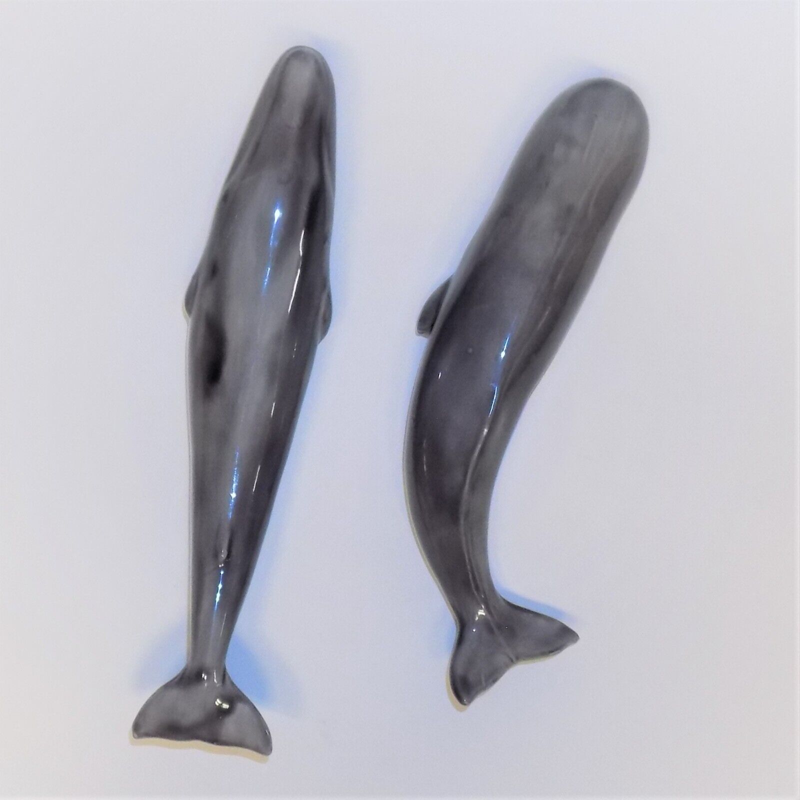 Whale Sculptures Pair of Sperm & Humpback Glossy Ceramic Wall or Table Display