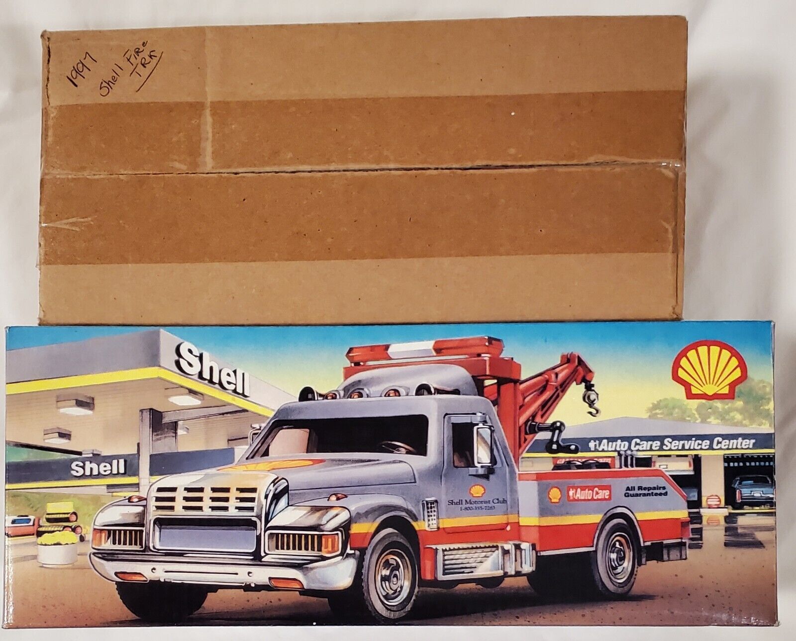 Shell 1997 TWO Toy Tow Truck Gold Serialized & Die Cast Fire Truck &  POSTER NIB