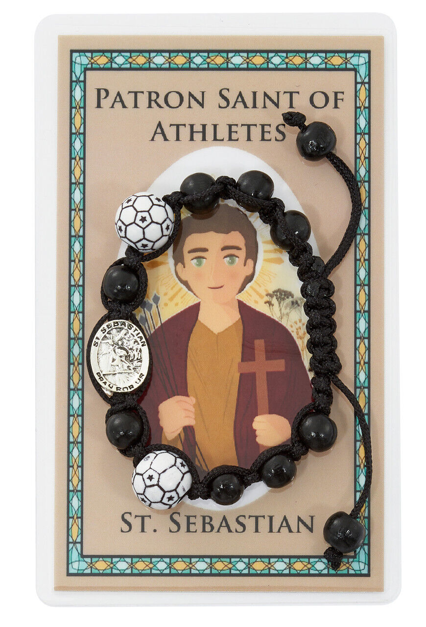 Saint Sebastian Soccer Bracelet Adjustable Corded Wood Catholic Sport Bracelets.