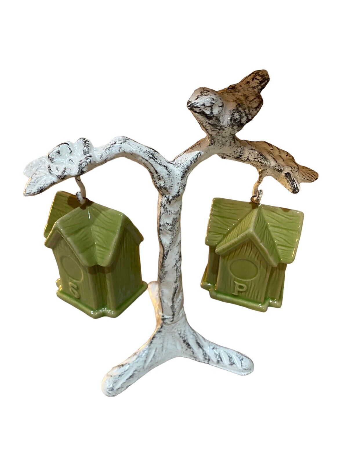 Ceramic Birdhouse Salt and Pepper Shakers on A Metal Branch
