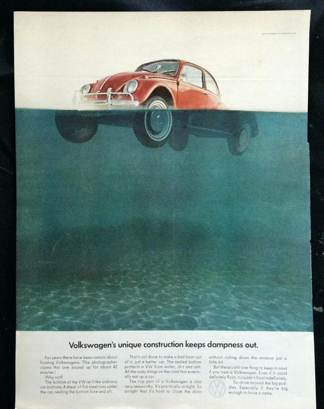 1967 Volkswagen Beetle Vintage print ad Bug Floating in Water
