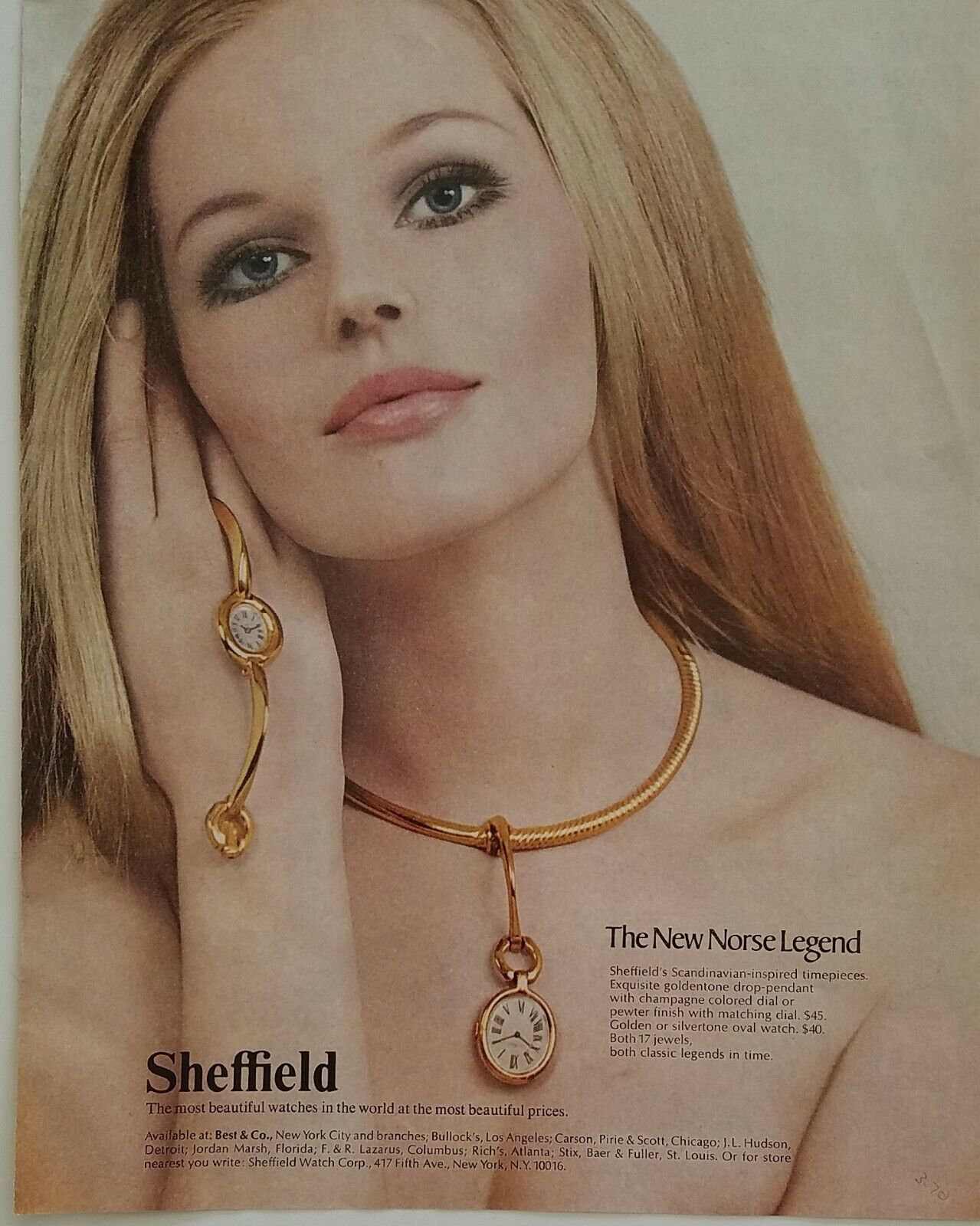 1972 Sheffield Scandinavian inspired Norse Legend watch necklace jewelry ad