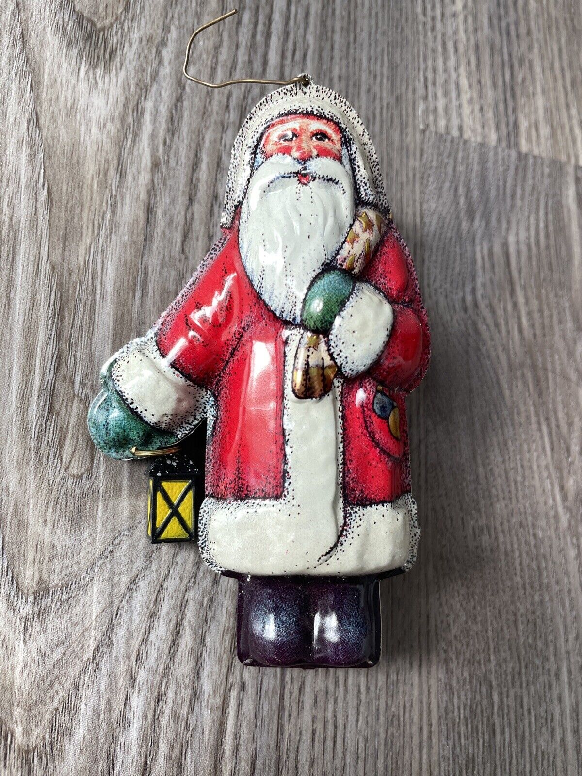 VINTAGE Hallmark Ornament 1981 Pressed Metal Tin Santa w/ Lantern