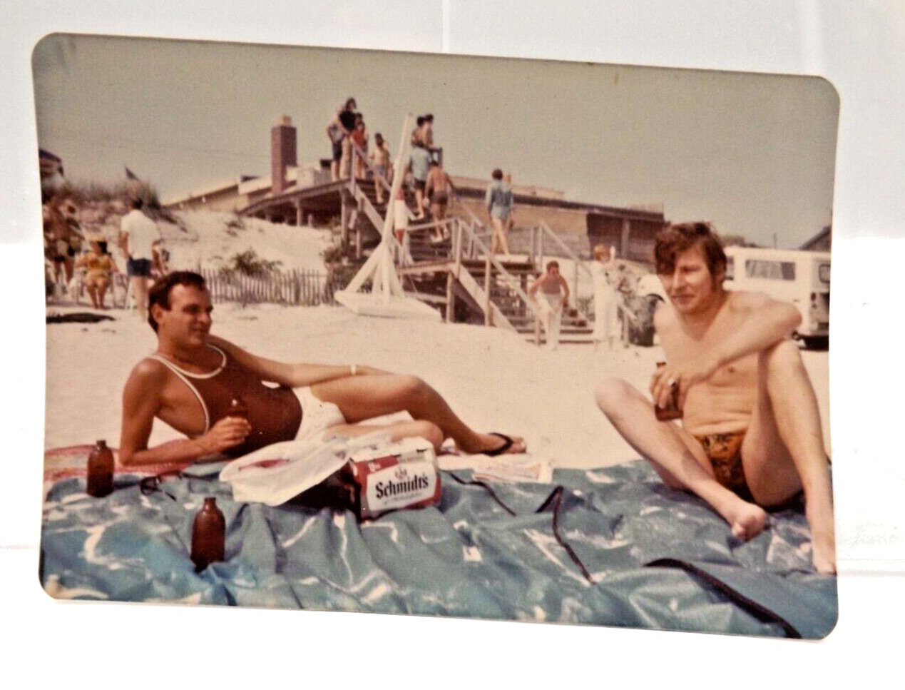 Vtg 1970s Boyfriends Drinking at Beach Shirtless men Snapshot Photo Gay int