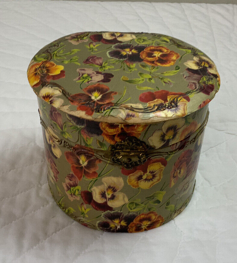 Antique Victorian Celluloid & Paper Collar Box, Round, Pansies