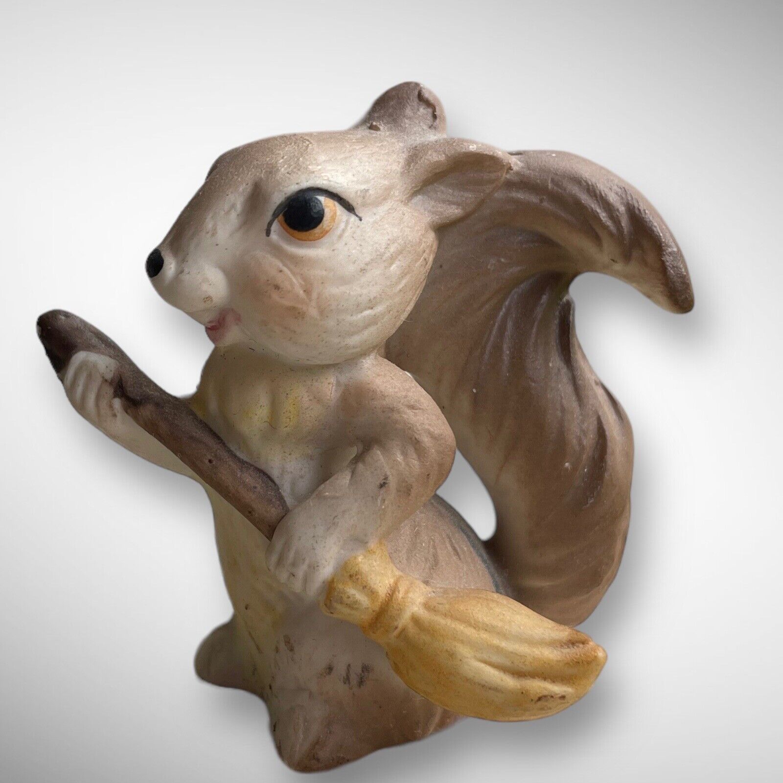 Porcelain Squirrel Chipmunk Miniature FigurineSweeping Woodland Animal Whimsical
