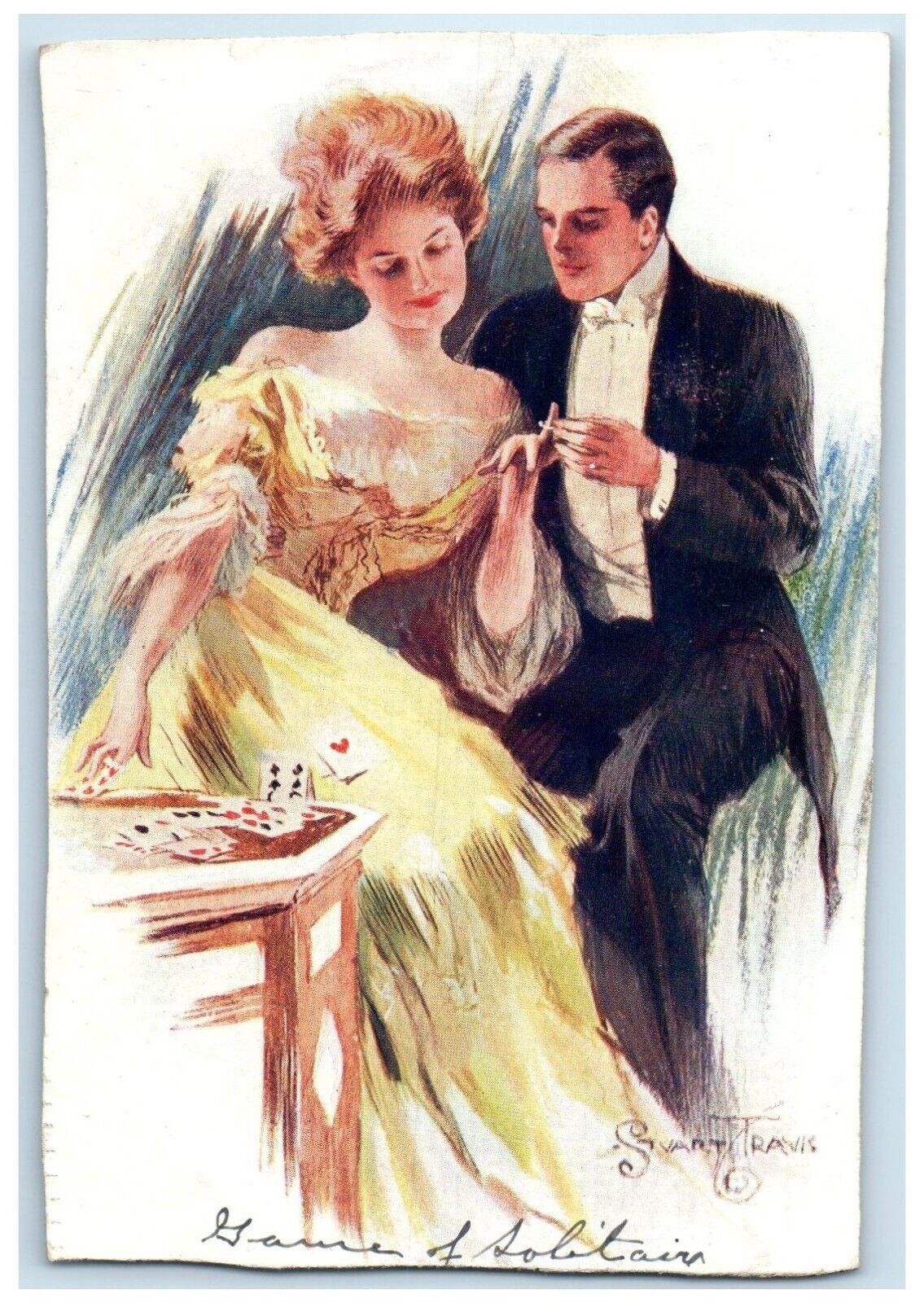 c1905 Sweet Couple Romance Gambling Cards Stuart Travis Artist Signed Postcard