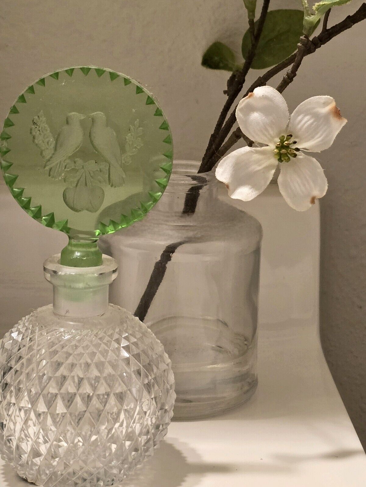 RARE Vintage Uranium Czech Perfume Bottle w/ Lovebirds by Morlee Genuine Crystal
