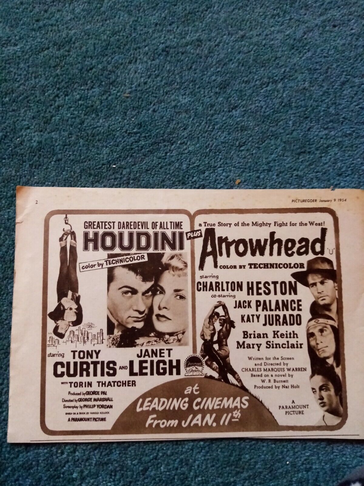 Kvc25 Ephemera 1950s film advert houdini Tony Curtis arrowhead Charlton Heston 