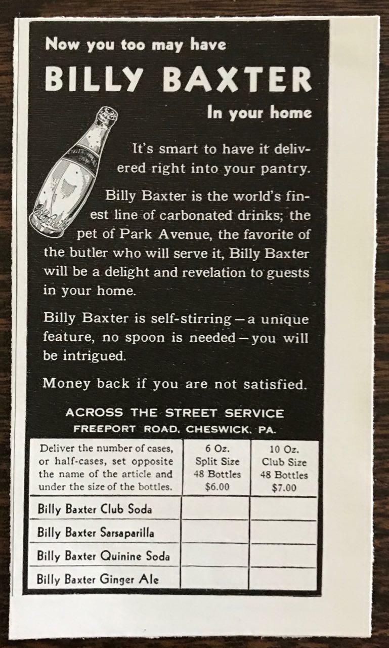 1939 Billy Baxter Carbonated Drinks Print Ad Sarsaparilla Quinine Club Ginger 