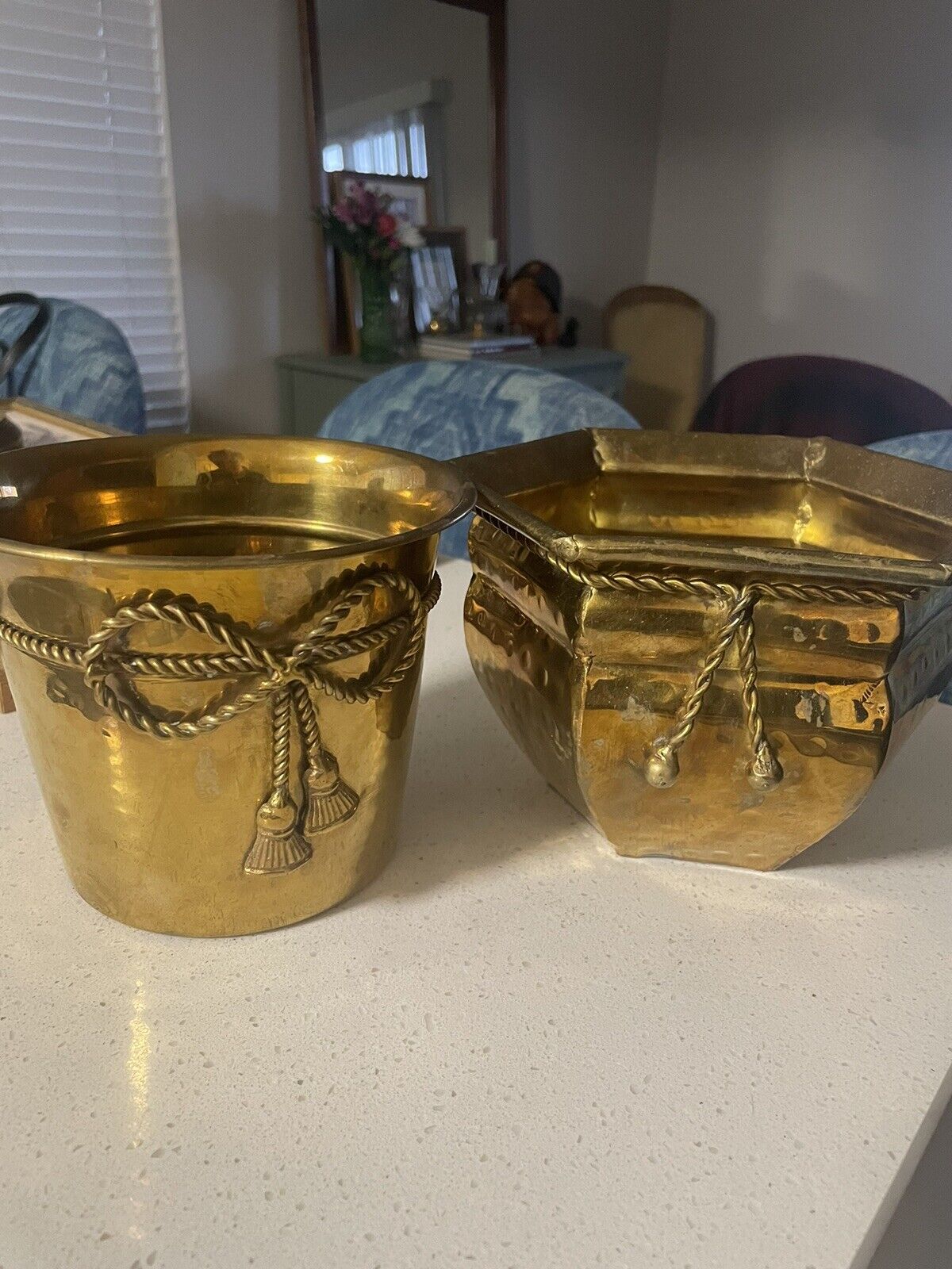 Two Vintage Hammered Polished Brass Planter with Rope Detail -Mid-Century Modern