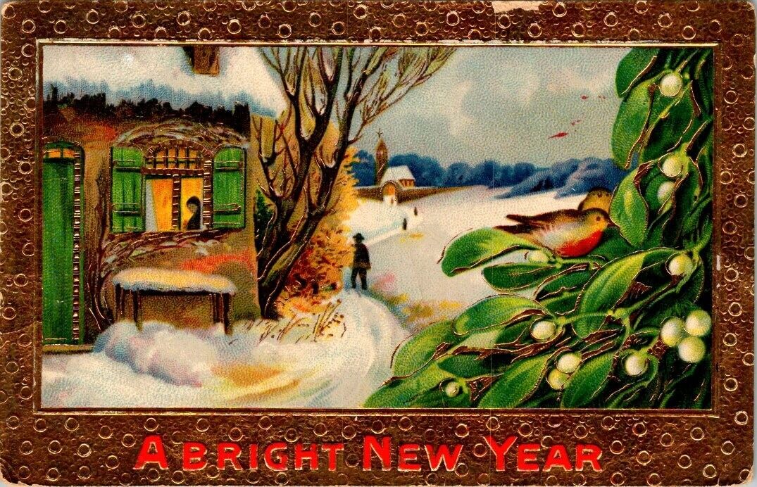 vintage postcard - A BRIGHT NEW YEAR cute winter scene embossed posted 1912