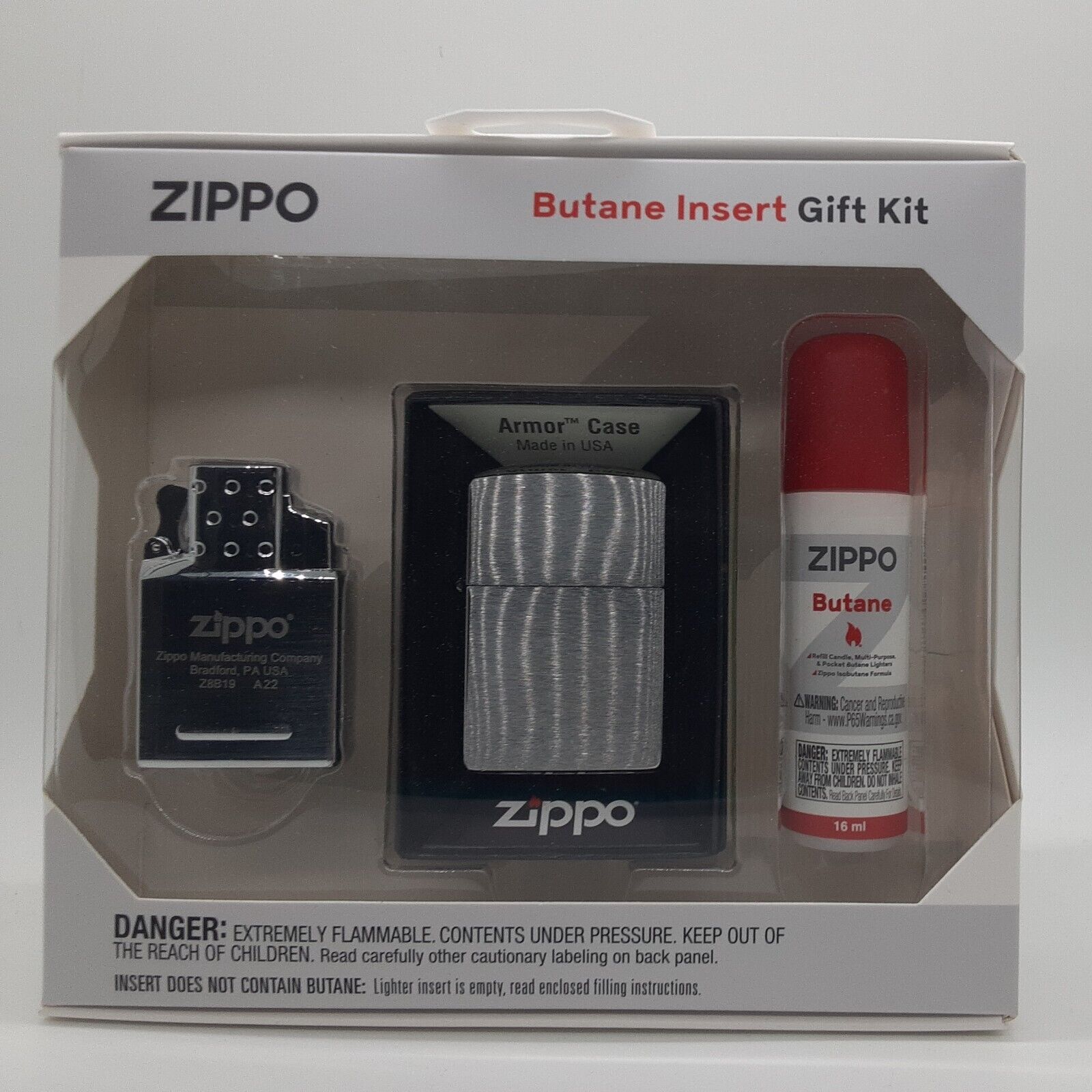 Zippo Brushed Chrome Heavy Armor Case 162 Double Torch Butane Lighter Gift Set