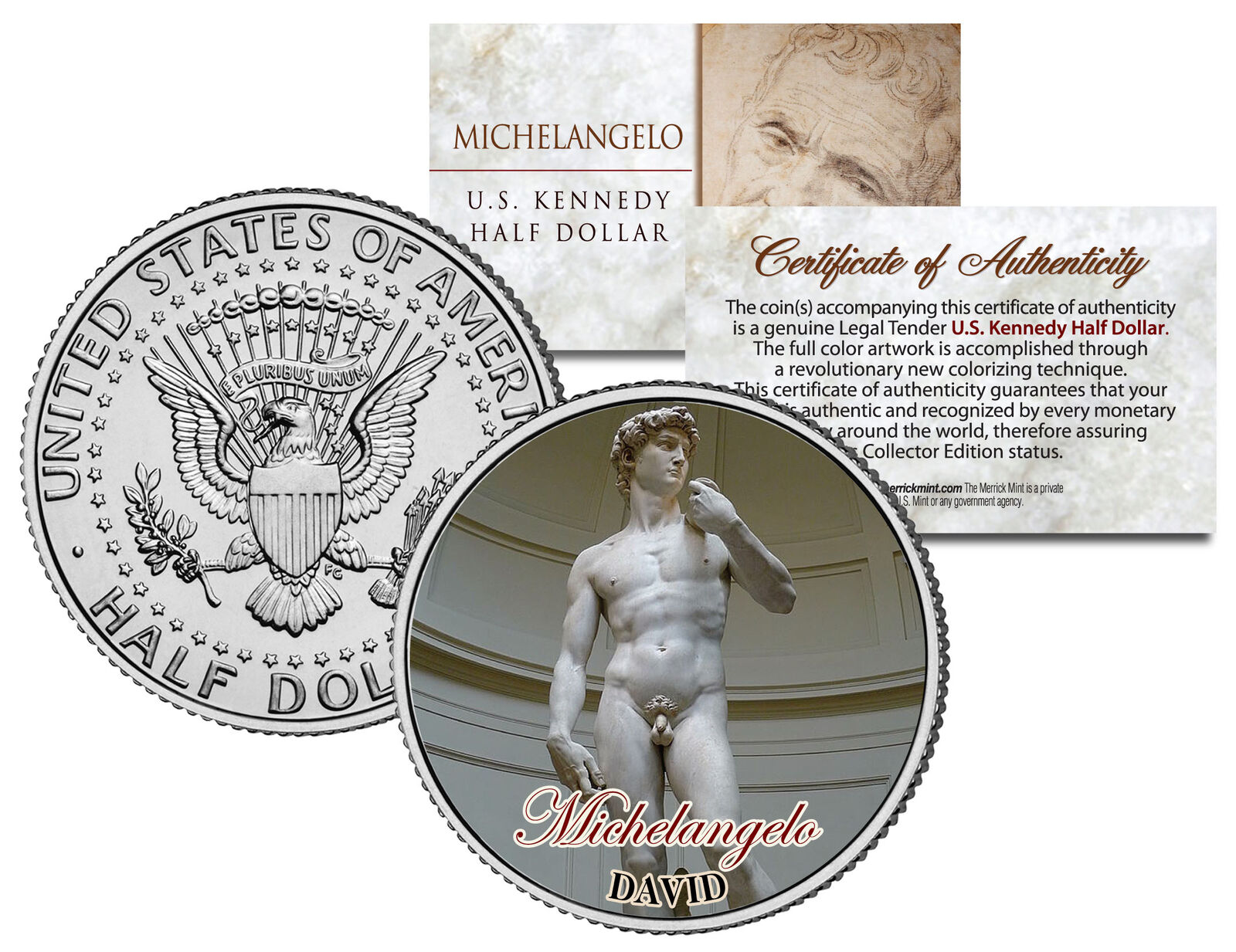 MICHELANGELO Statue of * DAVID * Sculpture Colorized JFK Half Dollar U.S. Coin