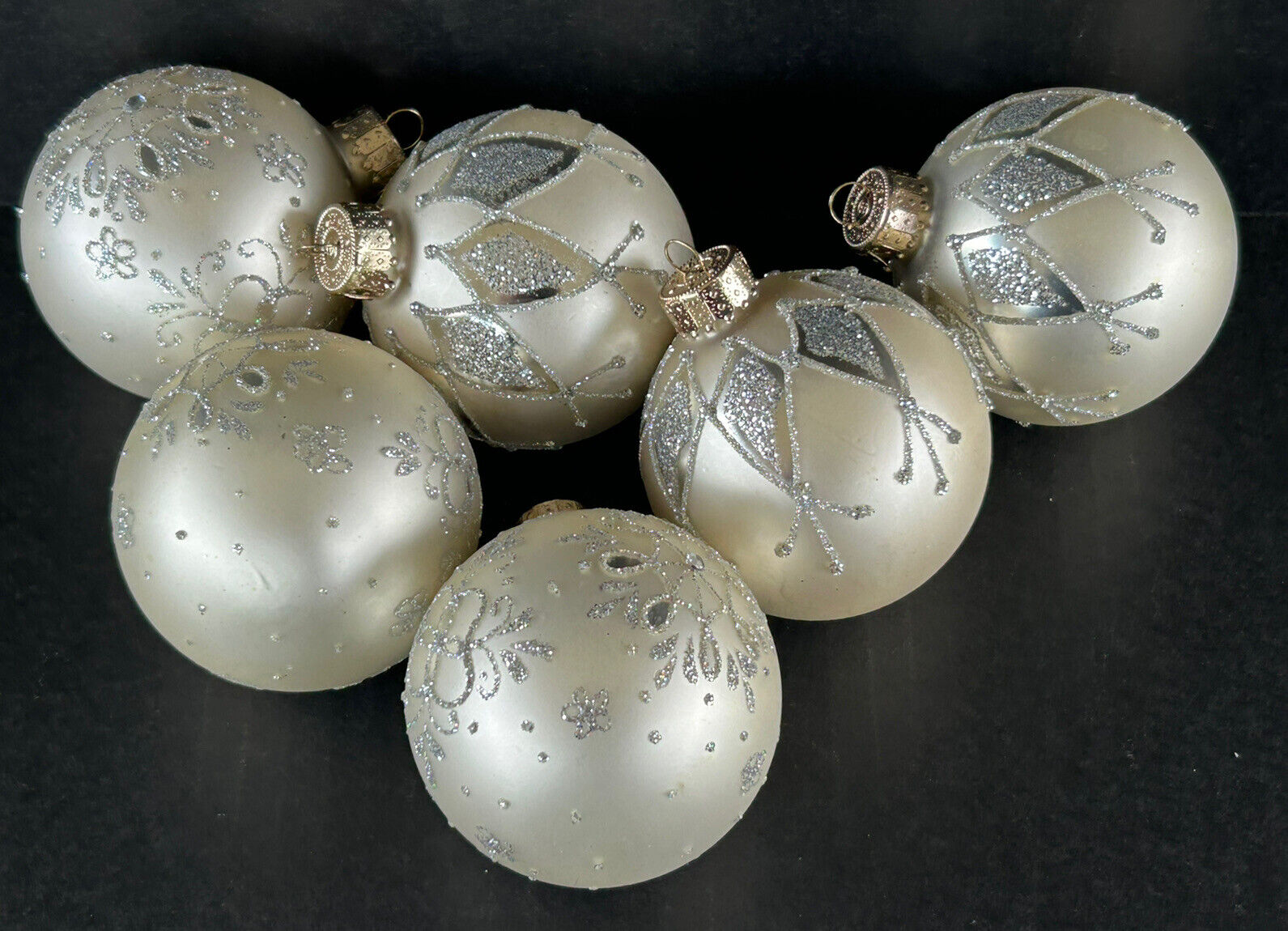 Vintage Christmas Ornaments (6) Glass Balls 2 1/2” Silver Glitter Martha Stewart