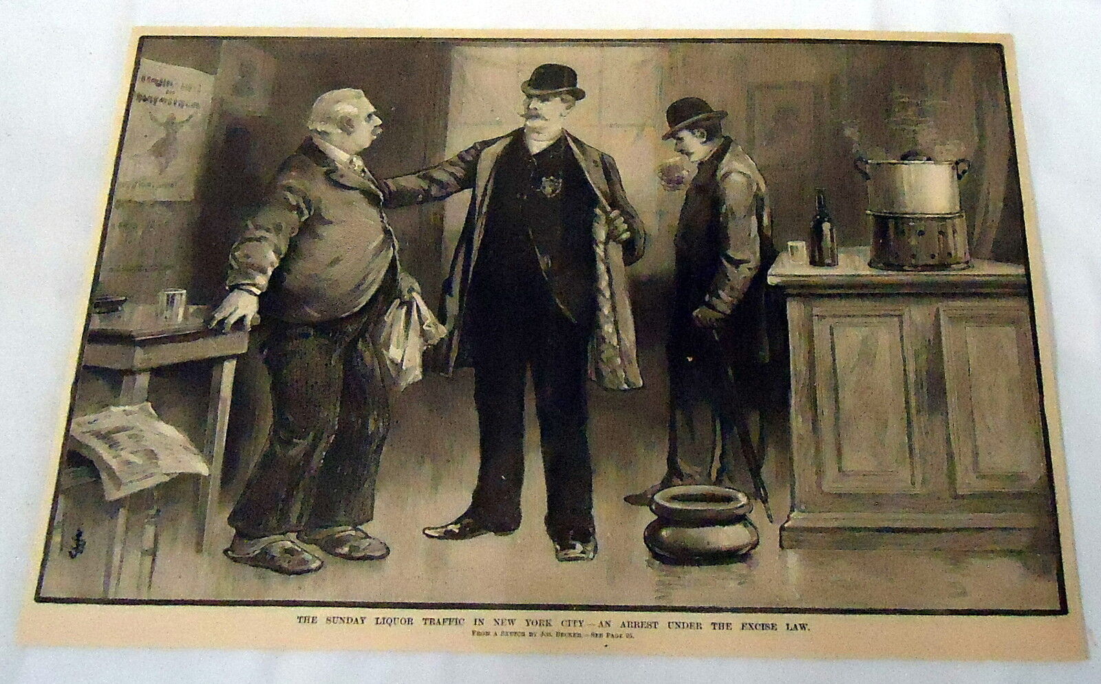 1889 magazine engraving ~ SUNDAY LIQUOR TRAFFIC, NYC ~ ARREST UNDER EXCISE LAW