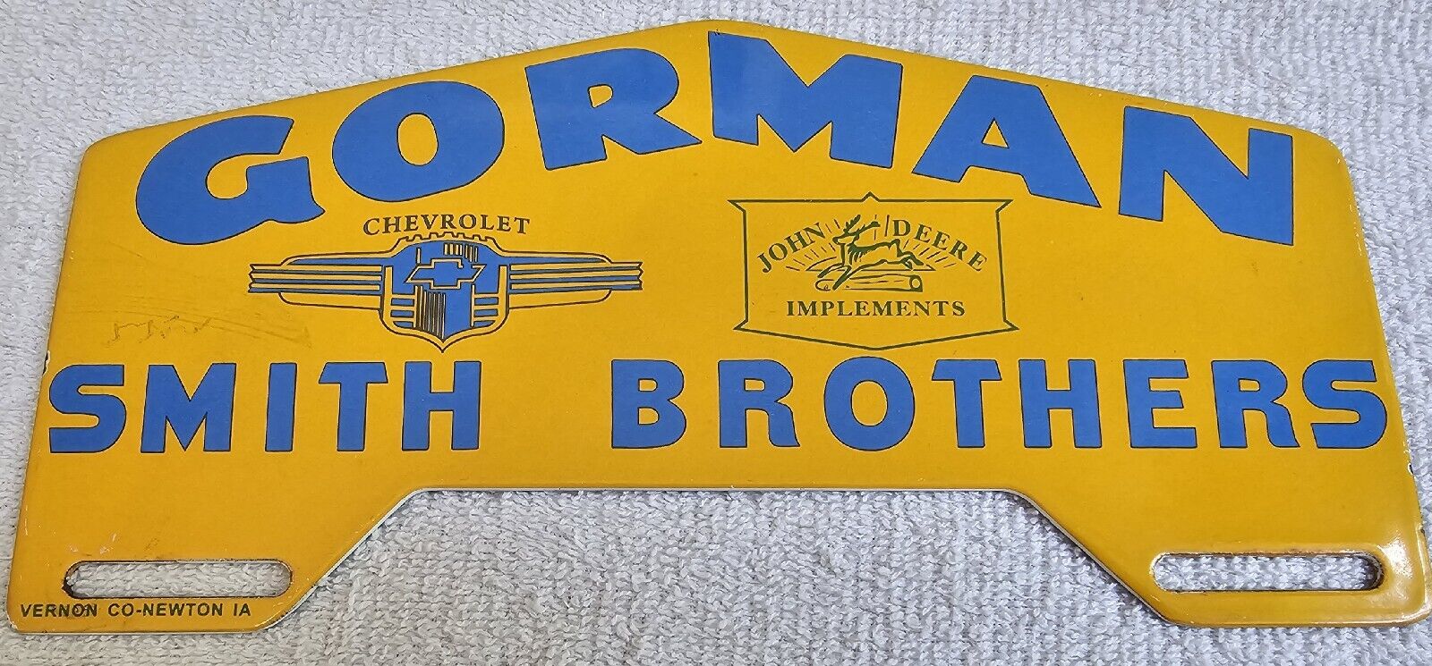 Vintage Gorman Smith Bros. John Deere Implements Chevrolet Porcelain Sign Topper