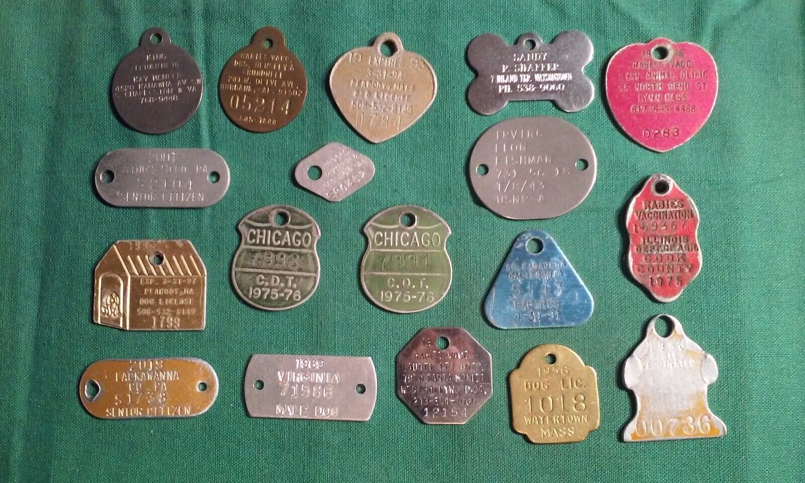 Lot 18 Various Vintage Metal DOG LICENSES & Rabies Plates a few are Brass