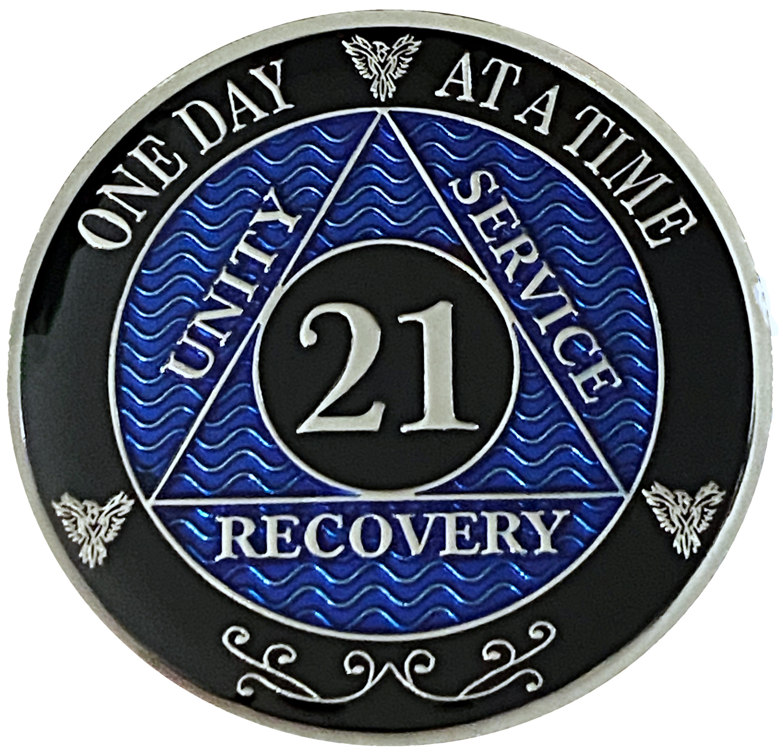 AA 21 Year Coin Blue, Silver Color Plated Medallion, Alcoholics Anonymous Coin
