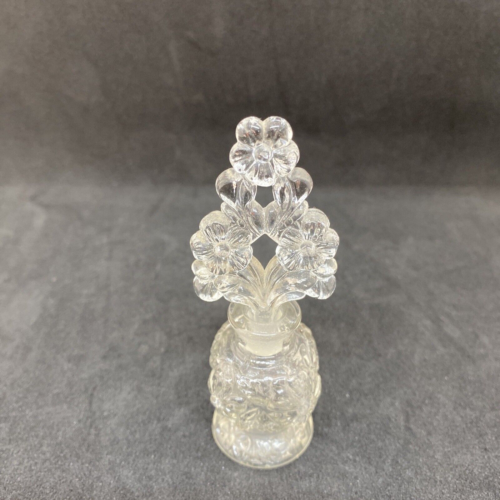 Vintage Clear Glass Perfume Bottle with Flower stopper 4.25\