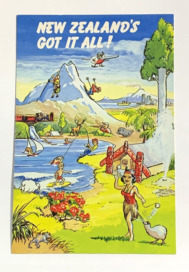 New Zealand\'s Got It All Postcard, snow clad mountains, Native Forest